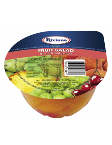 Riviana fruitsalade in blokjes gesneden kopjes in natuurlijk sap 120gr x 12 lade