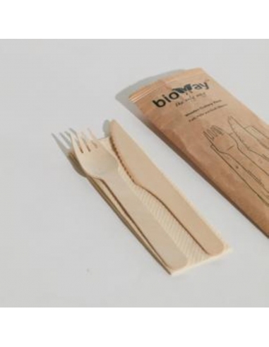 Bioway Besteckpackung Holz Messer Gabel & Serviette Kraft 400 Pack Carton