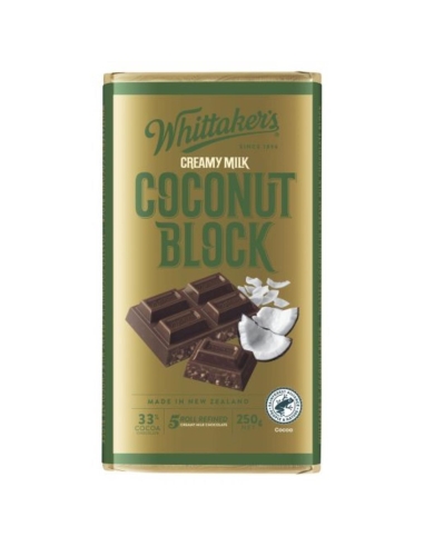 Whittakers Bloc de chocolat au lait crémeux 33 % de cacao et de noix de coco 250 g x 12