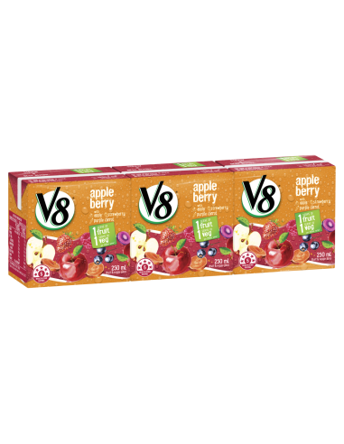 Campbells V8 Zumo de frutas y verduras de manzana y bayas, paquete de 3, 250 ml x 4