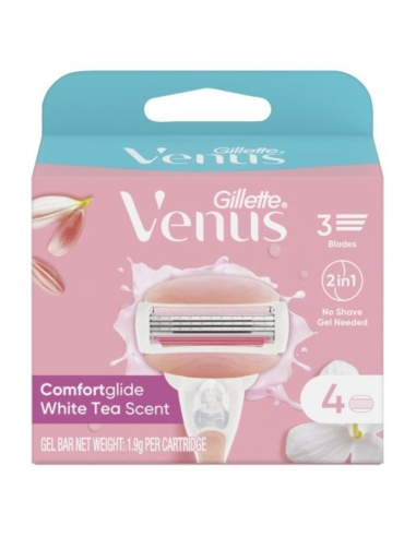 Gillette Venus Comfortglideの白い茶カートリッジ4のパックx 1