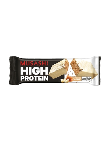 Musashi Barretta al cioccolato bianco e caramello ad alto contenuto proteico 90 g x 12