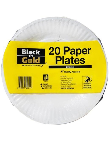 Black & Gold Paper Plates 225mm 20 Pack