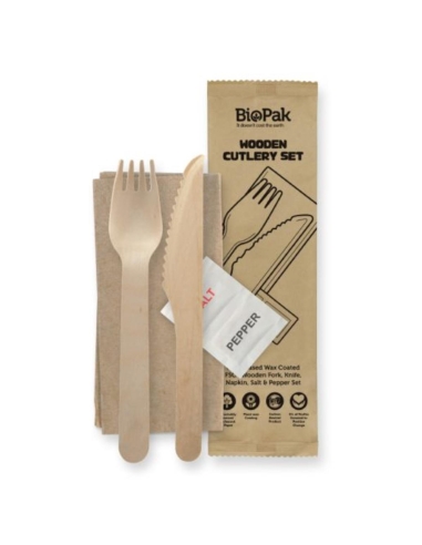 Biopak Wooden Cutlery Set Knife Fork Napkin Salt & Pepper 400 Pack x 1